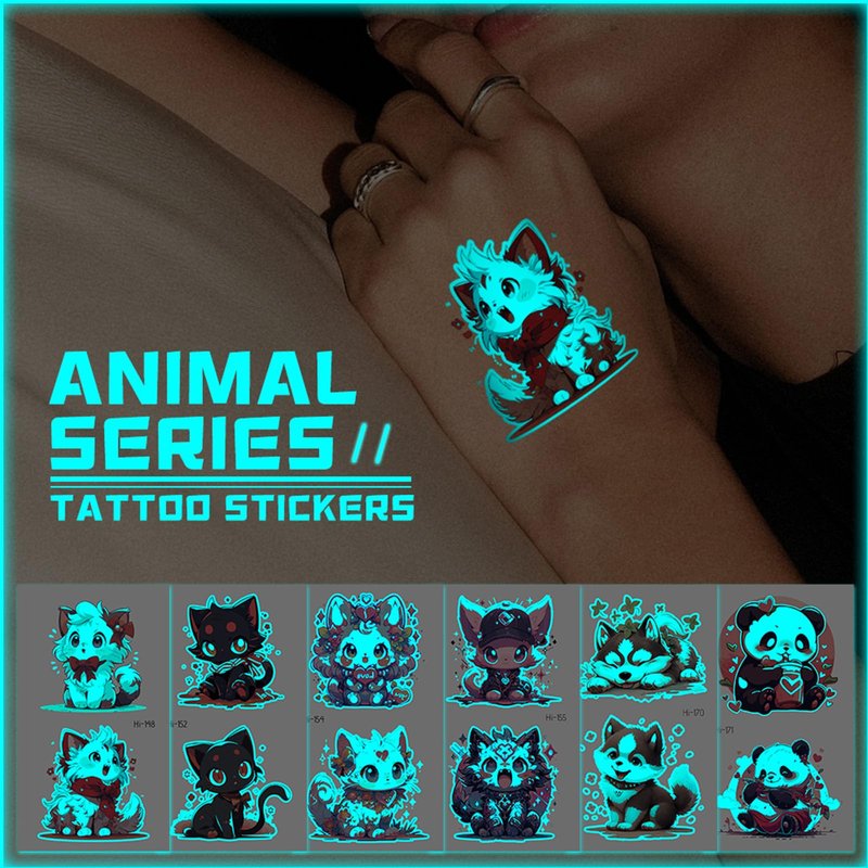 Yobbai Luminous Tattoos for Kids, Mixed Styles Temporary Tattoos Stickers with Dogs, Cats, Pandas, Foxes for Boys and Girls, Waterproof Glow In The Dark Tattoos for Kids Party Supplies