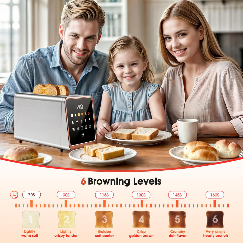 Touch Screen Toaster 2 Slice, Smart Digital with 1-Touch Memory, 1.5" Wide Slot for Bagels, 5 Bread Types & 6 Shade Settings, 900W, Defrost & Reheat