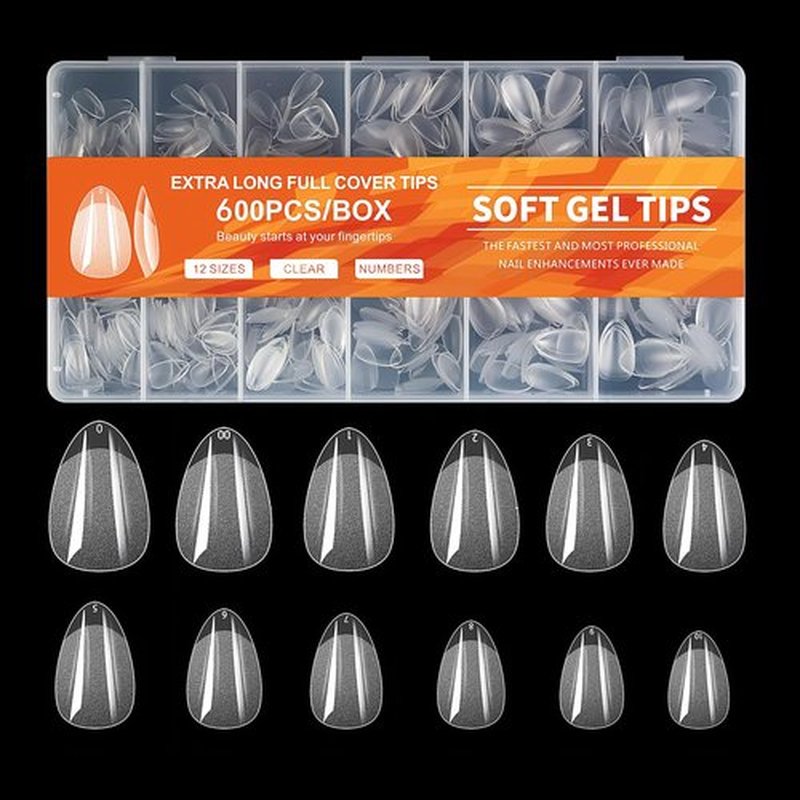 Short Almond Fake Nails 600pcs Pre-shape Gel Acrylic Nail Tips for Full Cover Nail Extension Home DIY Nail Salon 12 Sizes Gelly Tips