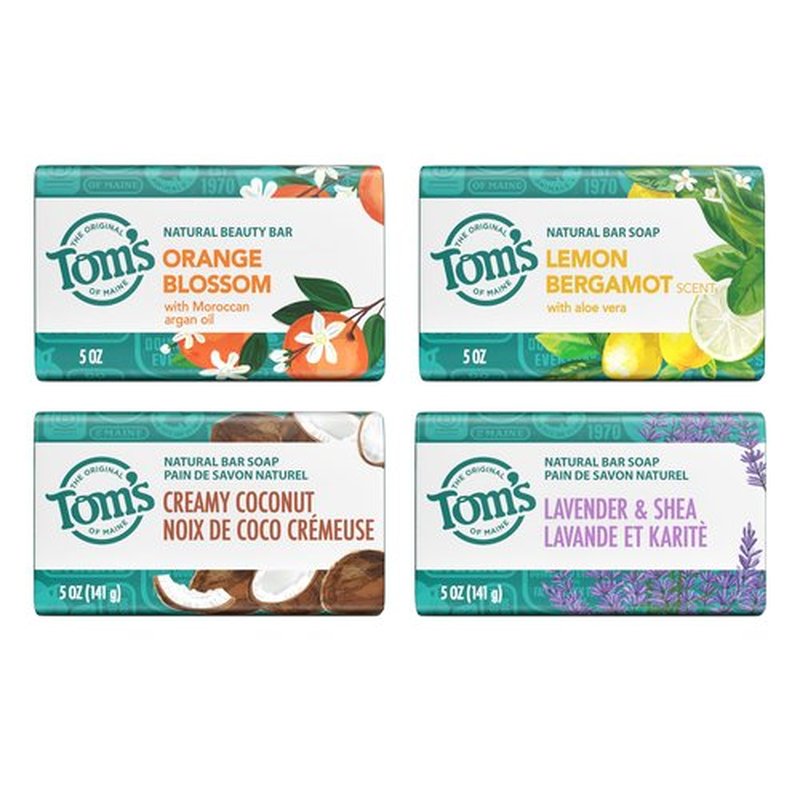 Tom’s of Maine Natural Bar Soap Variety Pack, Lavender & Shea, Creamy Coconut, Orange Blossom, Lemon Bergamot, Dermatologically Tested, Paraben Free, Vegan, 4 Count