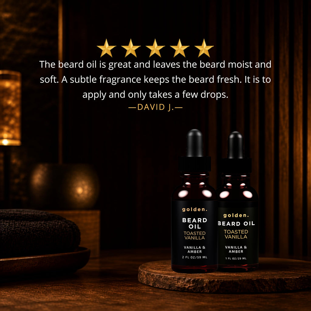 Golden Grooming Beard Oil for Men - Natural Beard Conditioner with Sweet Almond, Golden Jojoba & Argan Oil - Hydrating Beard Softener with Vitamin E - Toasted Vanilla, 2oz