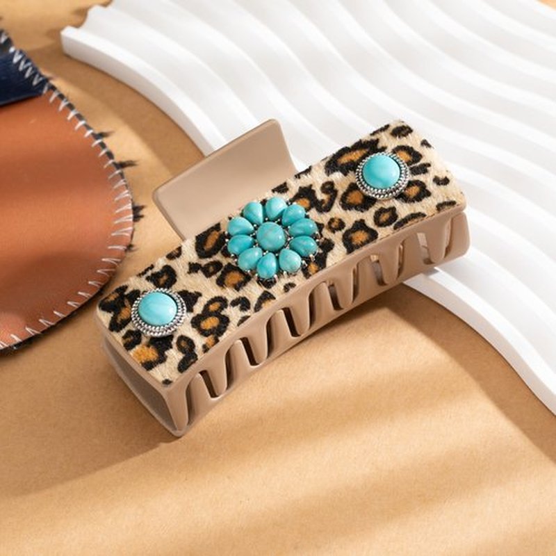 Mixcbe Western Turquoise Hair Clip with Leopard Pattern, Cowgirl Brown Square Hair Clip, 4.1 inch, Large Western Cowgirl Stuff Gift for Women Girls