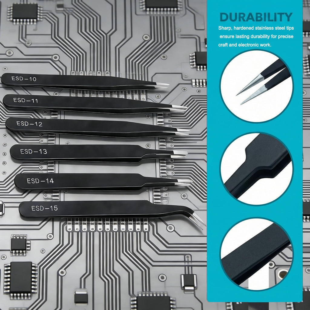 Precision Tweezers Set 6 Piece, ESD Safe Anti-Static Stainless Steel Tweezers for Electronics Repair, PCB Soldering, Jewelry Making, Craft, Model Building and Lab Use with Protective Tip Caps