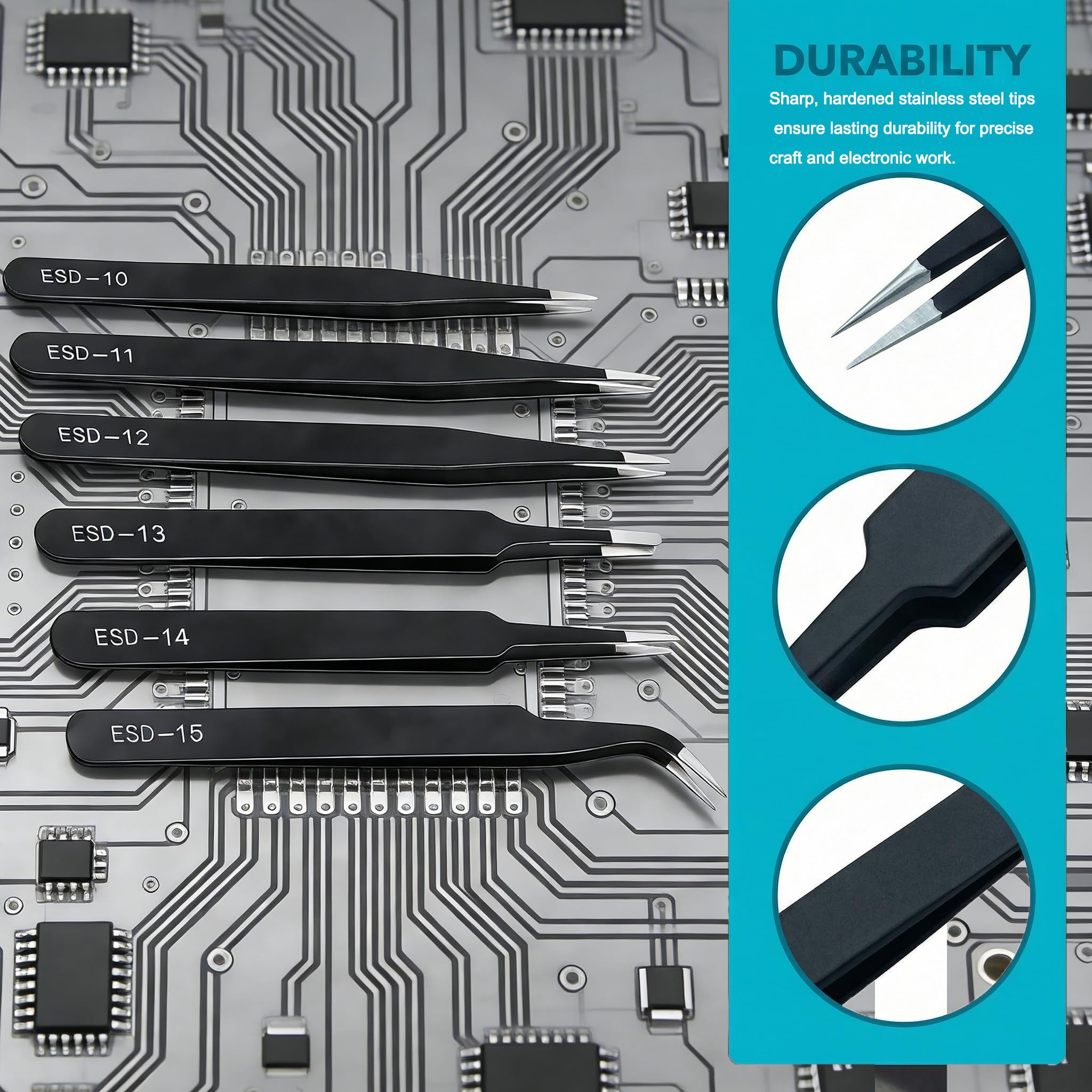 Precision Tweezers Set 6 Piece, ESD Safe Anti-Static Stainless Steel Tweezers for Electronics Repair, PCB Soldering, Jewelry Making, Craft, Model Building and Lab Use with Protective Tip Caps