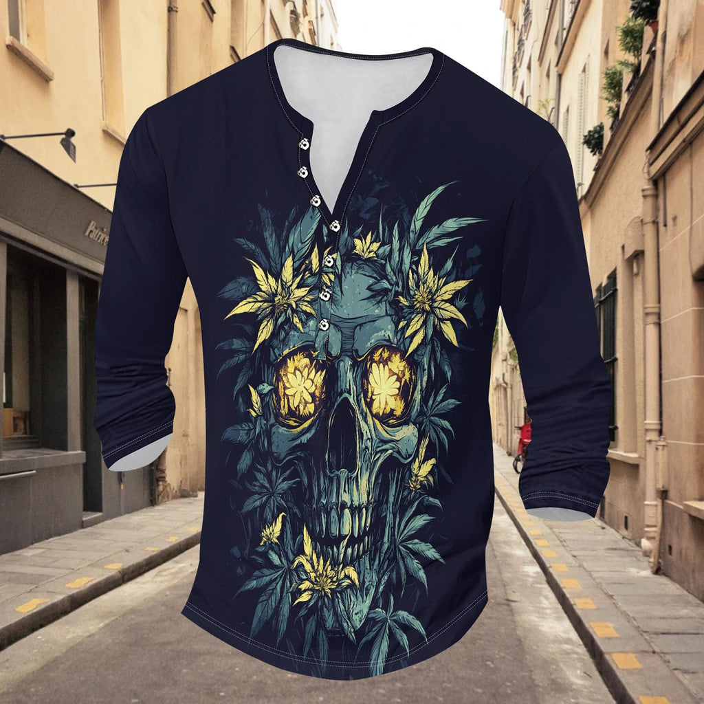 Long Sleeve Henley Shirts for Men Skull Palm Graphic T-Shirt Gothic Style Cotton Blend Tee Shirts Half Button Trendy Slim Fit Color Block Fall Tops