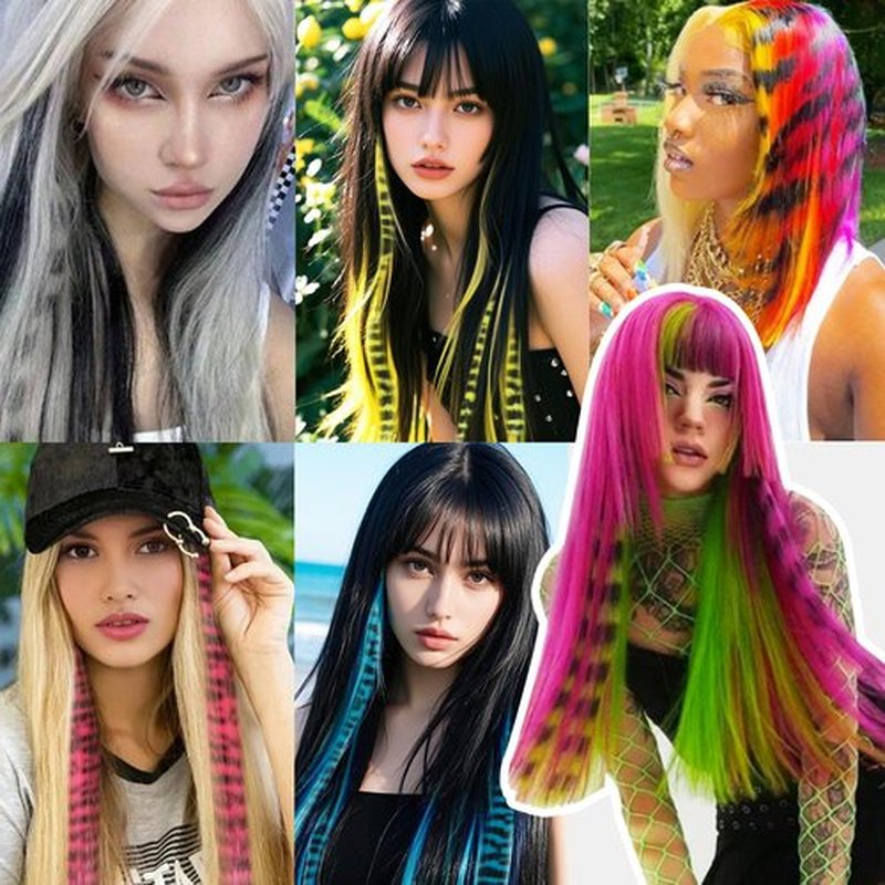 EXTACIO 10pcs/pack Scene Hair Extensions Synthetic Clip in Leopard print Hair piece 18inch Long Straight Colorful striped Hairpieces Halloween Party Cosplay Y2K Use for Women