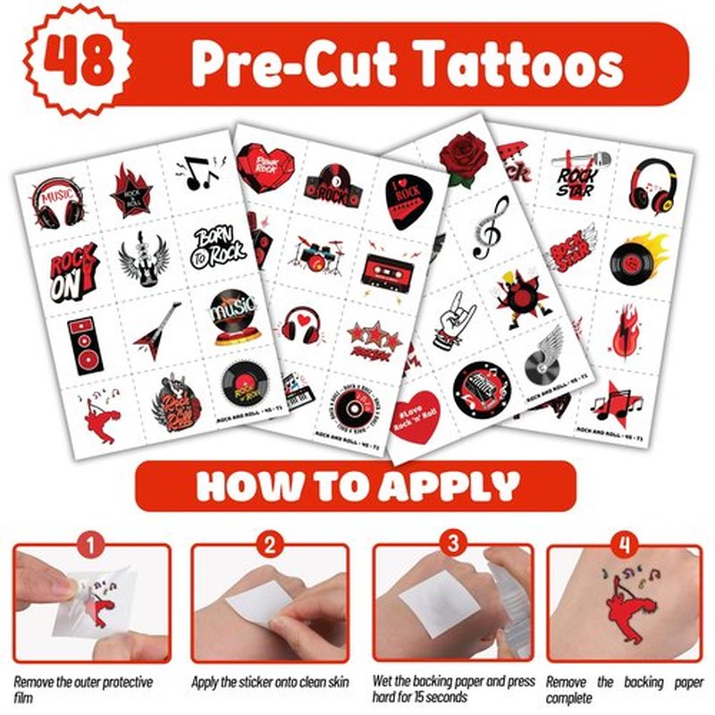 Cherisnowy 72PCS Rock and Roll Party Set 48PCS Temporary Tattoos 24PCS Slap Bracelets Music Themed Birthday Supplies, Baby Shower Gifts, Classroom Rewards & Party Decor for Kids Boys Girls
