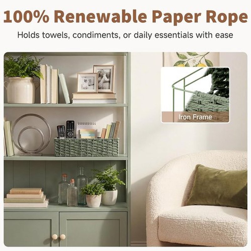 StorageWorks Small Wicker Toilet Basket - Stylish Sage Green Bathroom Organizer with Built-in Handles