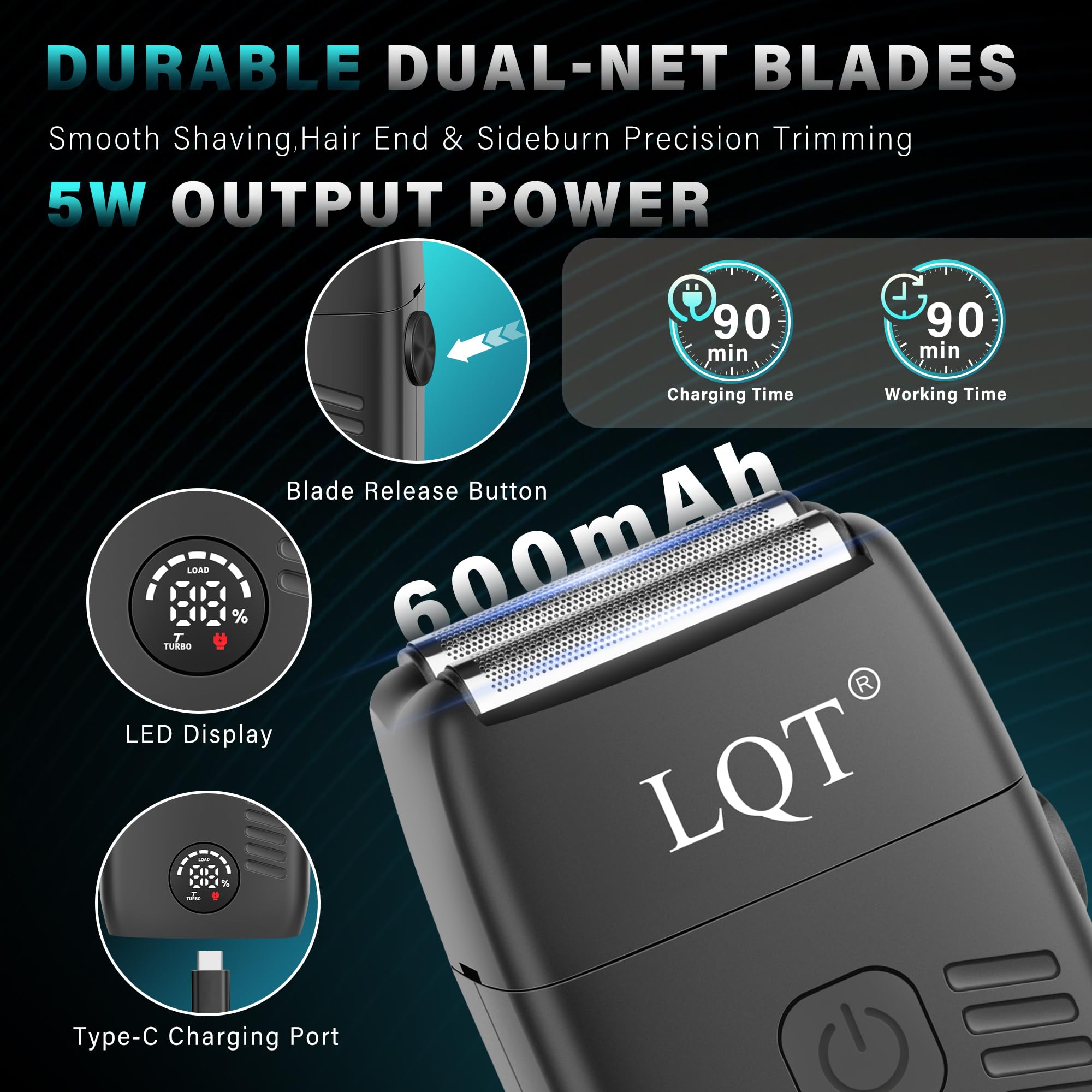 LQT Hair Clippers for Men with LED Power Display, 4-Piece Professional Grooming Kit with Hair Clipper, Detail Trimmer, Foil Shaver & Nose Trimmer, Complete Cordless Set for Home Barber Use