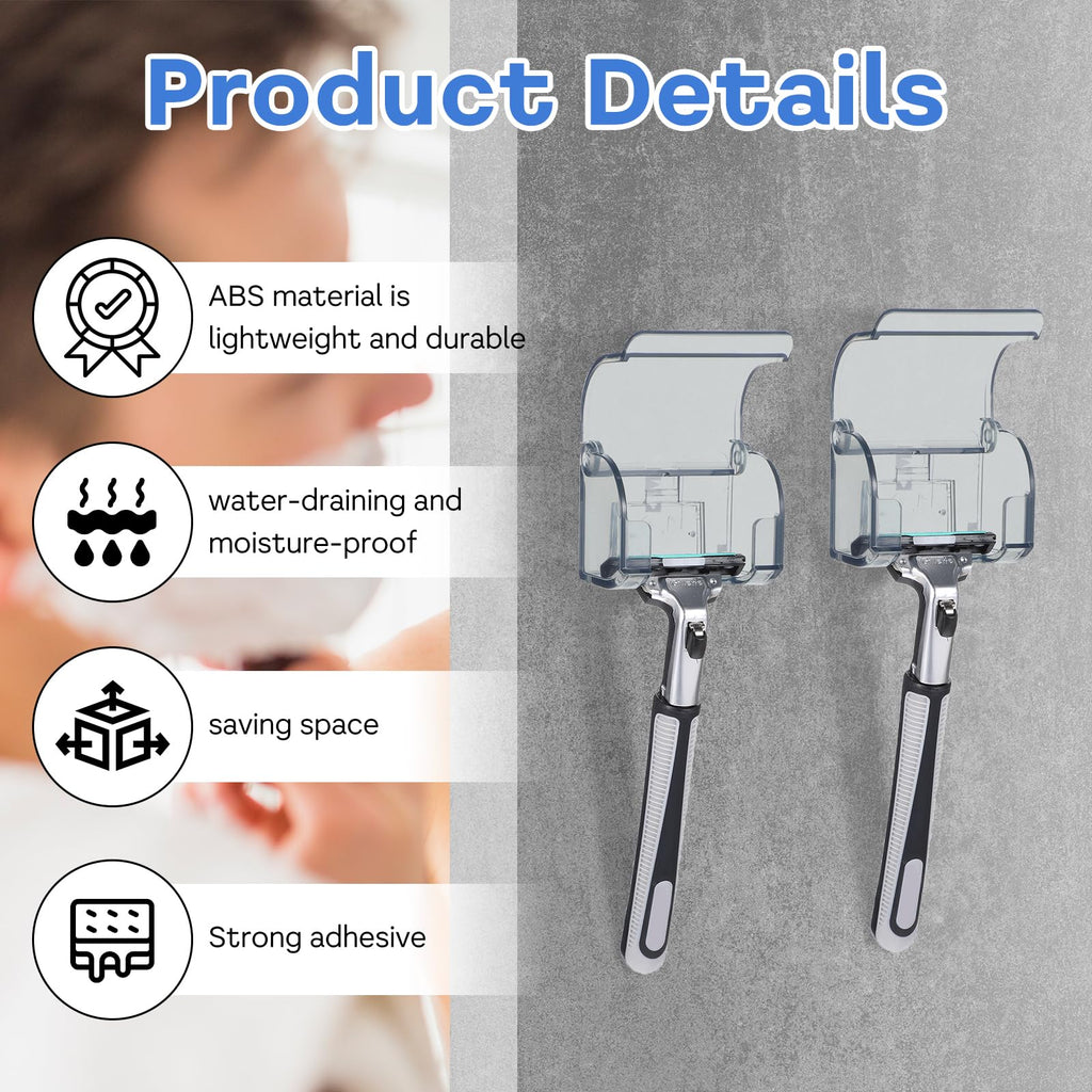 Qianyu 2Pcs Plastic Razor Holders with Cover for Shower Wall Self Adhesive Waterproof Razor Rack Wall Mount Razor Shaver Hook Portable Razor Holder for Bathroom Shower Tabletop Travel Reusable