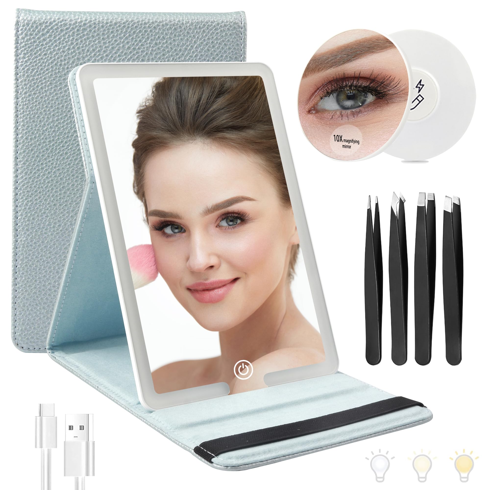 WangSelect Travel Mirror with Light Ultrathin Portable Travel Makeup Mirror Rechargeable 2000mAh and 3 Color Settings Lighted Vanity Mirror Include 10X Magnifying Mirror&Tweezers Set -Ice Blue