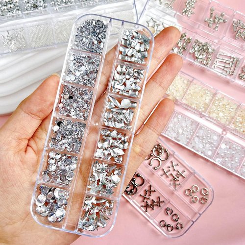 Silver Nail Charms Y2K Kit, 5 Boxes 3D Nail Charms and Gems Rhinestones for Nail Art Accessories, Silver Piercing Cross Charms for Nails Design Star, Flatback Pearls Caviar Beads for Nails Decor