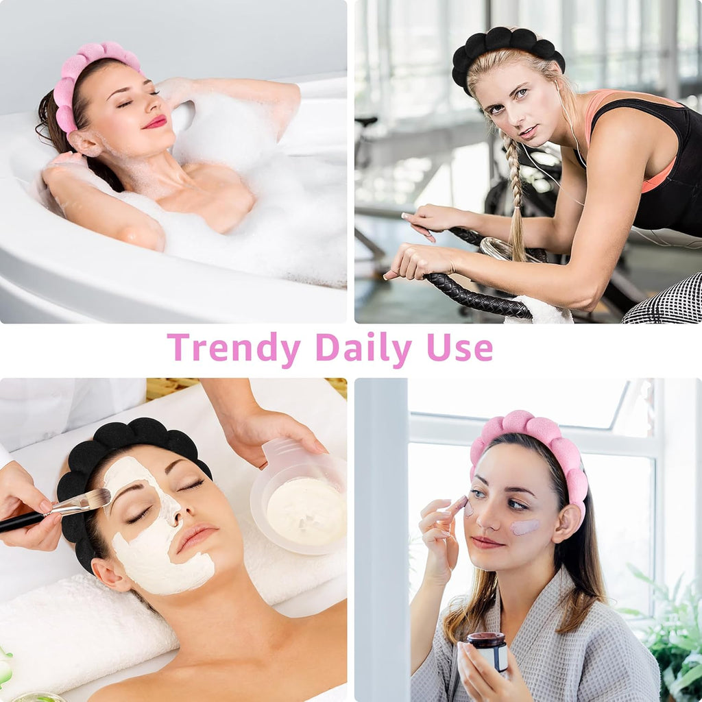 Ztomine Spa Headbands - Set of 2 Terry Cloth Skincare Headbands for Face Washing | Black & Pink