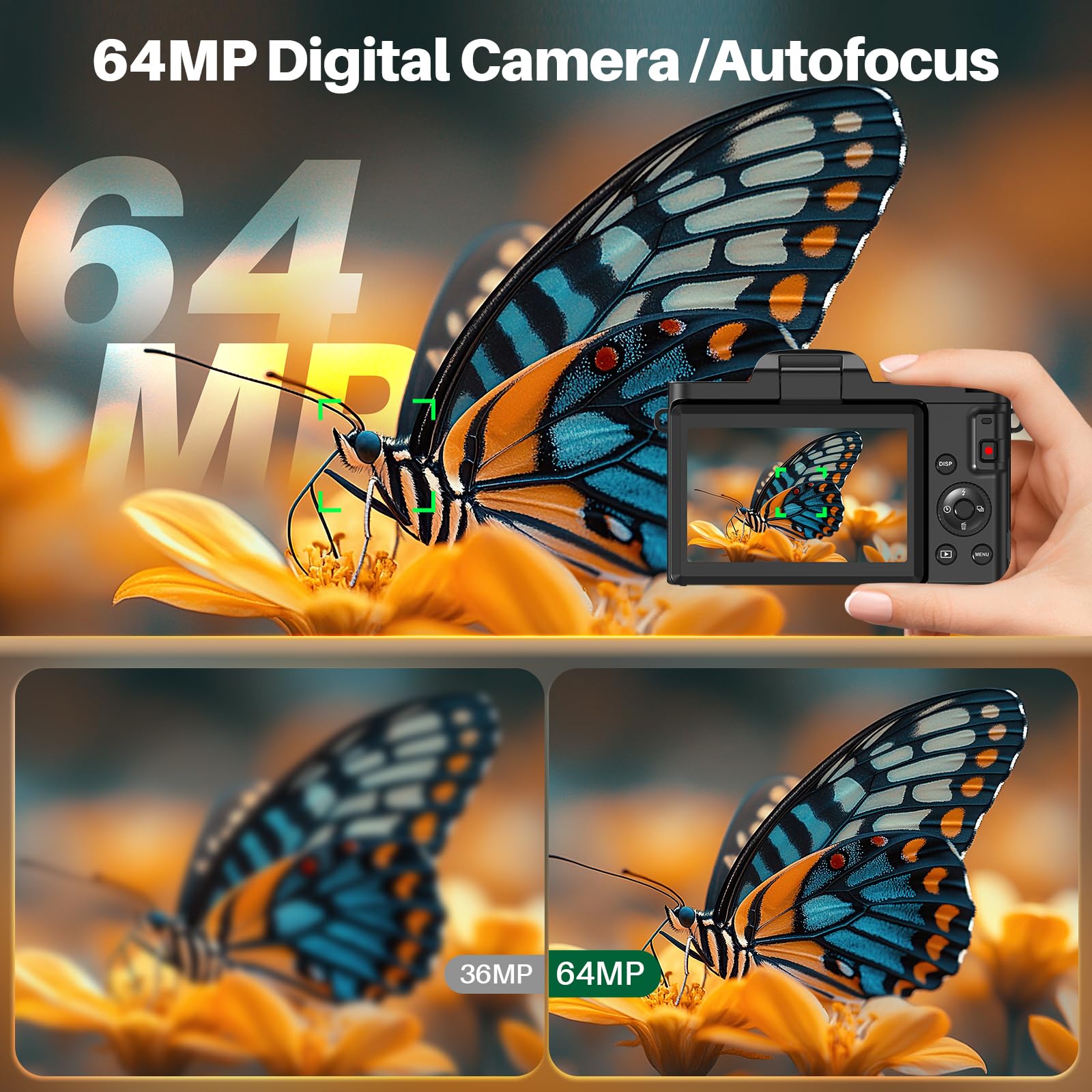 4K Digital Camera for Photography, 16X Zoom Autofocus 64MP WiFi Compact Travel Camera, Vlogging Camera for YouTube, 3'' 180° Flip Screen for Beginners&Boys&Girls, 2 Batteries, 32GB Card, Black