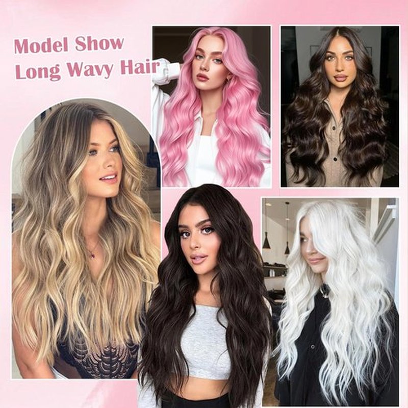 Angzon Long Pink Wavy Wig Middle Part for Women 26 Inch Light Pink Curly Wavy Wigs Natural Looking Synthetic Heat Resistant Fiber Wig for Daily Party Use