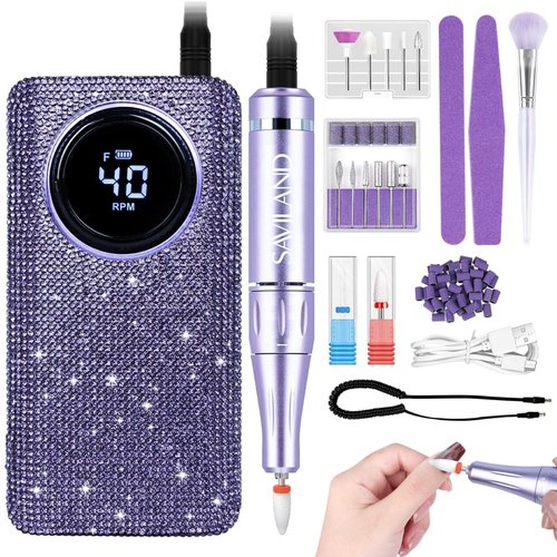 SAVILAND High Speed Nail Drill 40000 RMP: Diamond Shiny Electric Nail File 2600 mAh Rechargeable Nail Drill Kit for Thick Acrylic Nails Removal with Ceramic Drill Bits Sanding Bands Nail Tech Salon