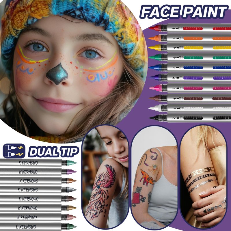 Water Resistant Face Paint Tattoo Pen - 18Pcs Temporary Tattoo Markers for Skin Dual-End Visible Capacity Henna Body Tattoo Kit, Body Painting Kit, Teen Girl Gifts Trendy Stuff for Teenage Adults