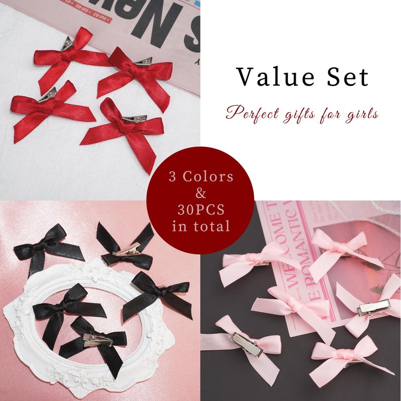 YAEISM 30PCS Small Hair Bows Black Mini Bow Hair Clips Satin Mini Pink Bows Coquette Barrettes Hair Accessories for Women Girls