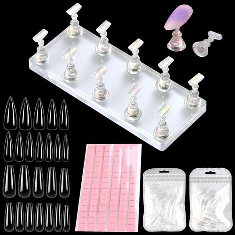 FSpronail Stand for Press Ons Display Practice Art Magnetic Fake Nails Holder With 96pcs Stiletto Square Full Cover Tips, Reusable Putty for Home DIY Beginner Salon Kit Supplies