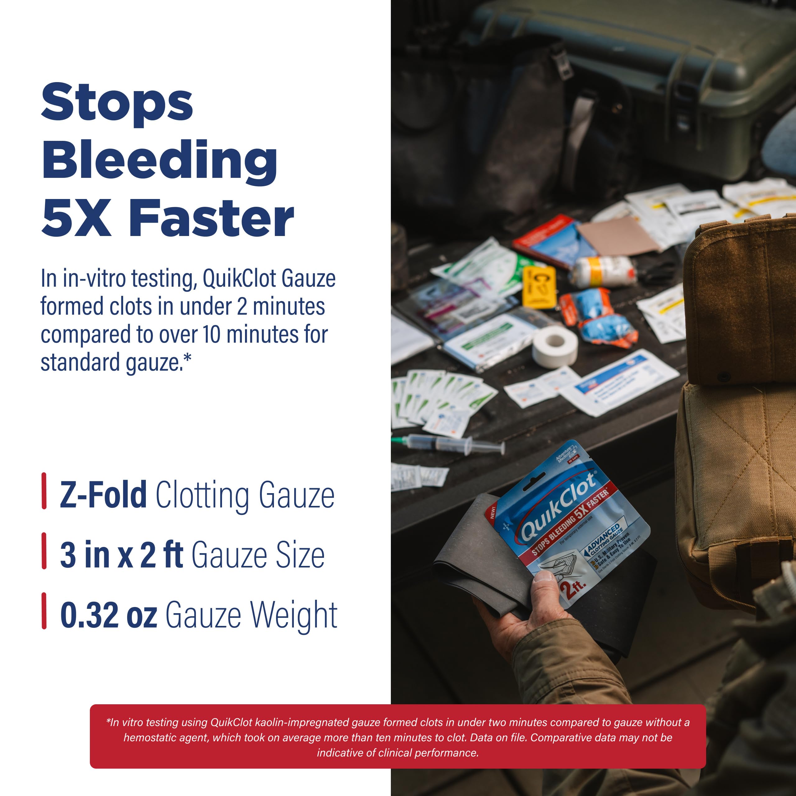 Adventure Medical Kits QuikClot Advanced Clotting Gauze - Stops Bleeding Up to 5X Faster Than Standard Gauze - Kaolin Hemostatic Dressing - for First Aid Kits & Survival Gear - 3 x 24