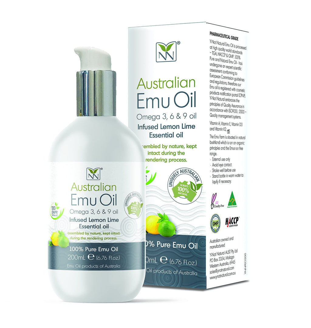 Y Not Natural Pure Emu Oil - Organic Moisture for Face, Body, Hair, Scalp & Nails - Rich in Omega 3-6-9, Vitamins & Essential Minerals - Australian Emu Oil (200ml) 6.76 fl oz - Lemon Lime