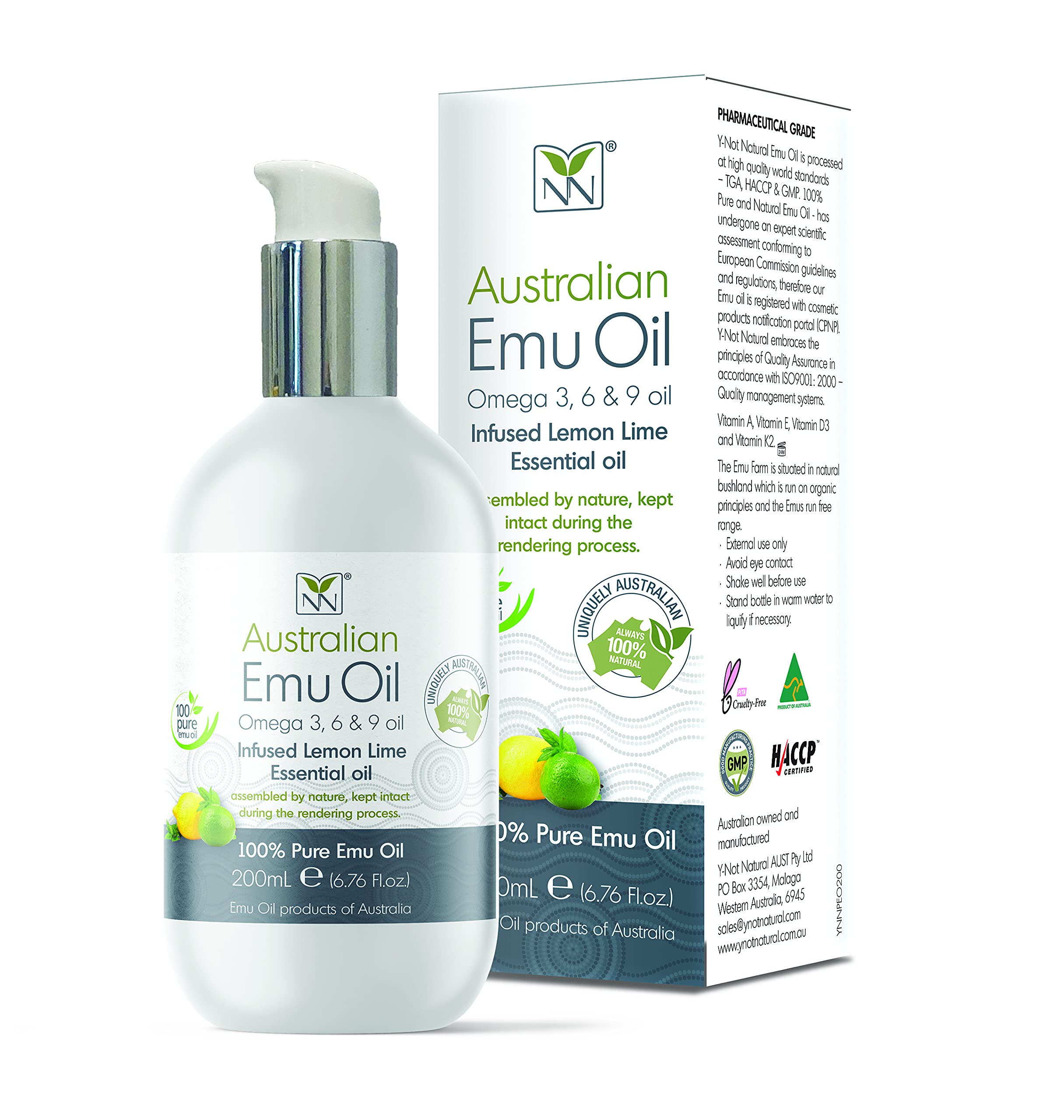 Y Not Natural Pure Emu Oil - Organic Moisture for Face, Body, Hair, Scalp & Nails - Rich in Omega 3-6-9, Vitamins & Essential Minerals - Australian Emu Oil (200ml) 6.76 fl oz - Lemon Lime