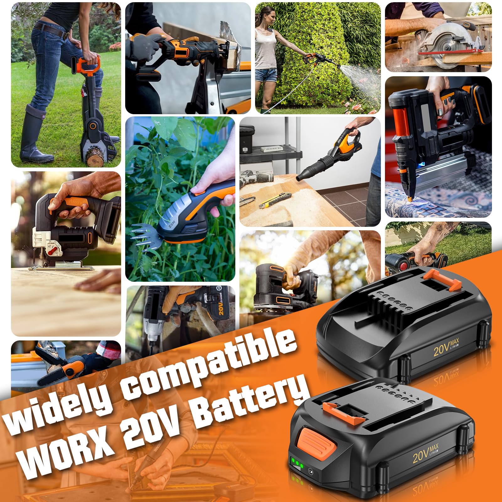2Packs 4.0Ah WA3575 Replacement for Worx 20V Battery Power Share Max Lithium-ion Battery Compatible with Worx Battery 20 Volt WA3520 WA3525 WA3669.2 WG251s WG255s WG540s WG890 WG891 Cordless Tools