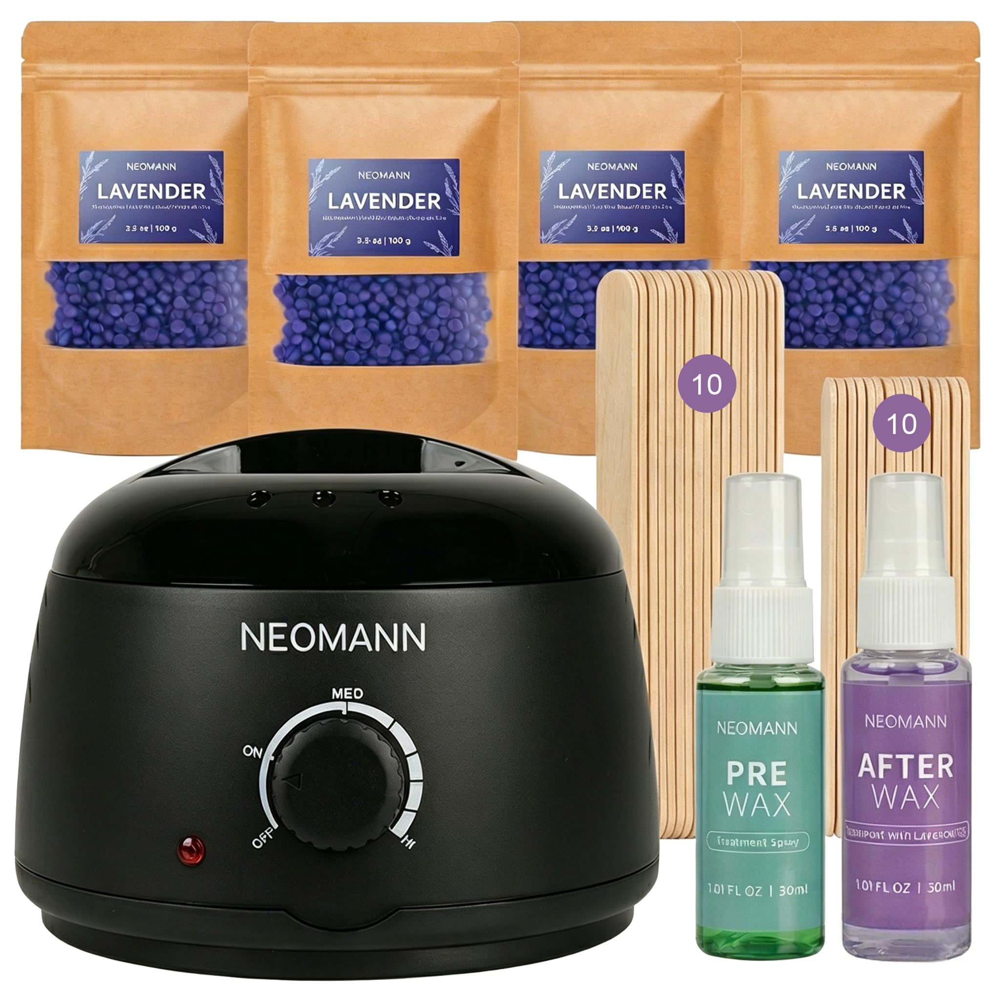 NEOMANN Brazilian and Bikini Waxing Kit for Women Hard Wax Warmer, Lavender Beads, Pre & Post Wax Spray, At Home Hair Removal Kit for Face, Legs,Body, and Underarms, Beginner Friendly