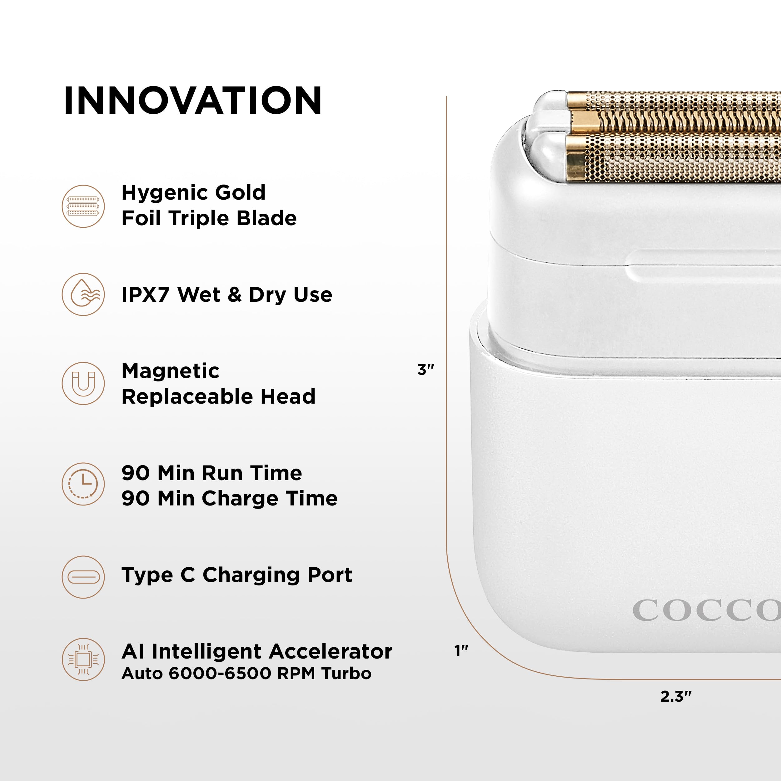 COCCO IMPACTO Foil Shaver for Men, Triple Gold Foil Electric Razor (White)