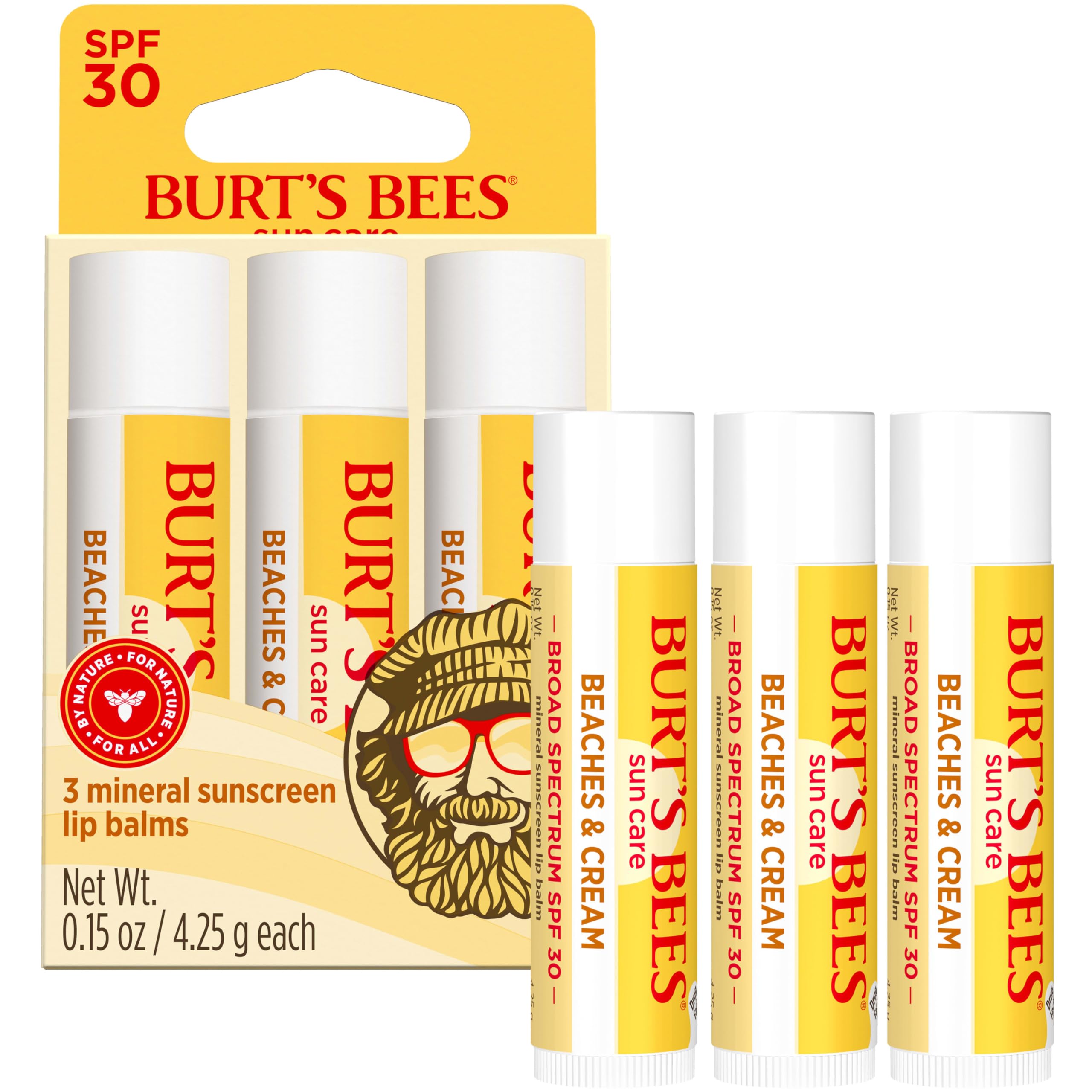 Burts Bees SPF 30 Lip Balm, Beaches and Cream, Water-Resistant Sun Care, Nano-Free Zinc Oxide Formula, Natural Origin Conditioning Lip Treatment, 0.15 oz., Three Tubes