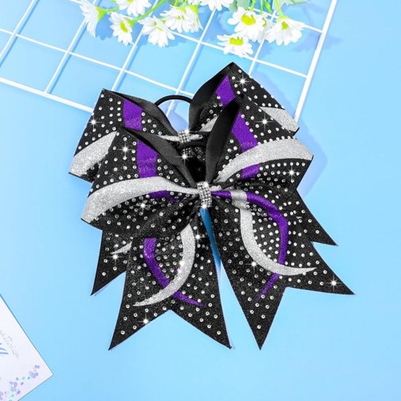 6PCS Full Glitter Rhinestone Cheer Bows Criss Cross Stiff Competition Large Cheerleading Hair Bows Elastic Band for Cheerleaders Girls -Black/Purple/Silver