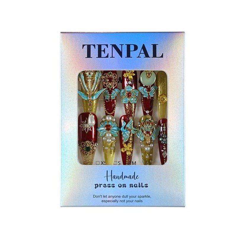 TENPAL 10Pcs Heirloom Chinese Bridal Press On Nails With Tools,Red Gold Phoenix Dragon Designs Fake Nails Long Stiletto,Full Crystals Heavy Relief Luxury Wedding Set Glue on Nails for Cheongsam(S)