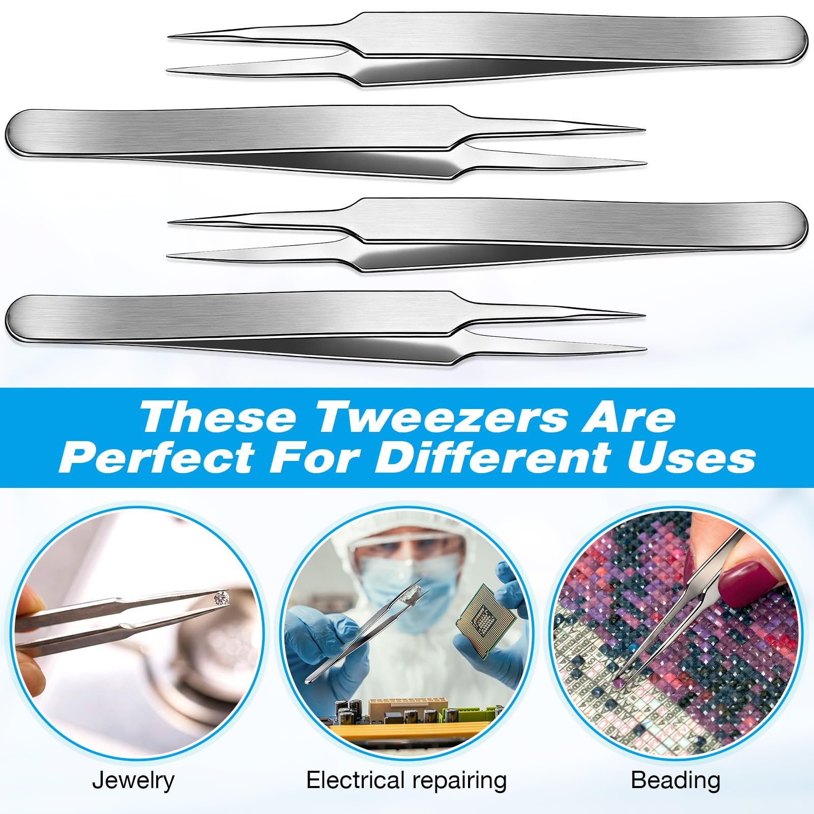 Oh Klyzo 10 Pcs High Precision Tweezers Fine Point Tips High-end Stainless Steel Tweezers for Craft 4.7" Tweezer for Electrical Repair, Craft, Sewing, Hair Removal, Laboratory Work