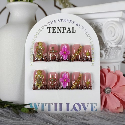 TENPAL Handmade Duckbill Press on Nails - Zebra Print & Pink Floral 3D Metal Cross Studs | Glossy Icy French Tips False Nails with Designs| Royal Core Aesthetic Glue on Nails for Daily Party Wear(S)