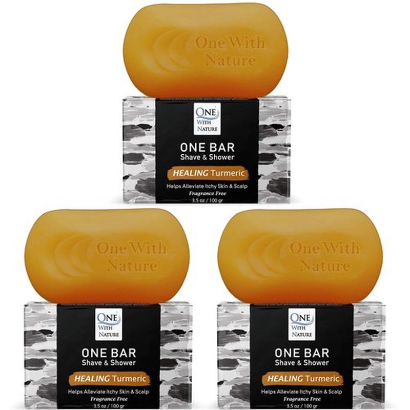ONE Bar Healing Turmeric, Fragrance Free 3.5 oz 3 Pack - Shave, Shower, Shampoo, face, beard, body, hair/scalp, SuperFAT “oil” Infused: Avocado, Mango, Olive, Coconut, Argan, Nourishing Oil.