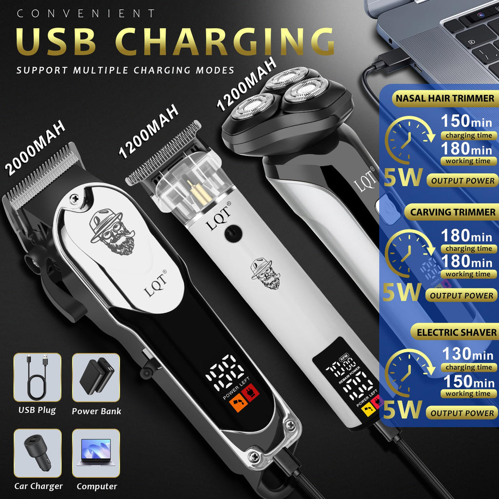 LQT Professional Barber Kit for Men, Cordless Hair Clipper, Trimmer & Shaver Set with LED Display, USB-C Rechargeable Battery,Low Noise,Grooming Gift for Husband, Father, Boyfriend (Black Blue)
