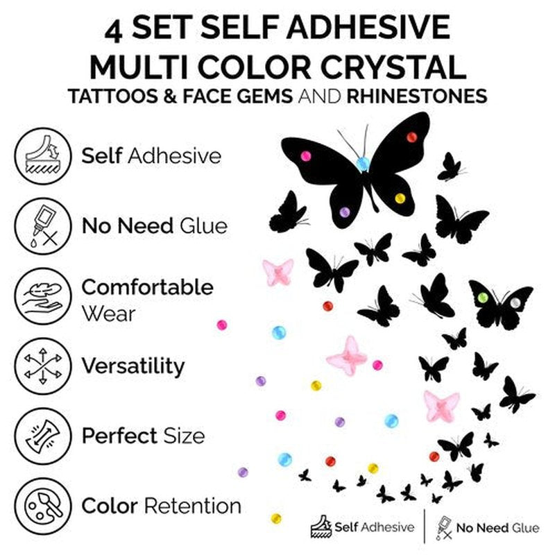 4 Sheet Temporary Tattoos - 4 Sheets Large Butterfly Fake Tattoos with Rhinestones - Temporary Tattoos for Women and Girls – Waterproof Tattoos for adults, Semi Permanent Transfer Tattoo