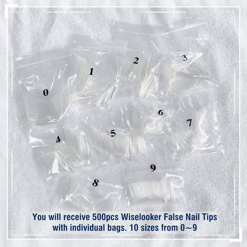 Wiselooker 500pcs Coffin False Nails Extension Tips Clear Full Cover 10 Sizes for Acrylic Nails Fake Nails Gel Nails