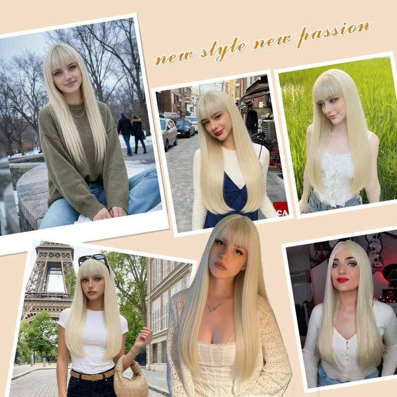 VOZIFAXIU Blonde Wig with Bangs for Women 24 Inch Long Straight Blonde Wigs Synthetic Heat Resistant Wig for Daily Party Use