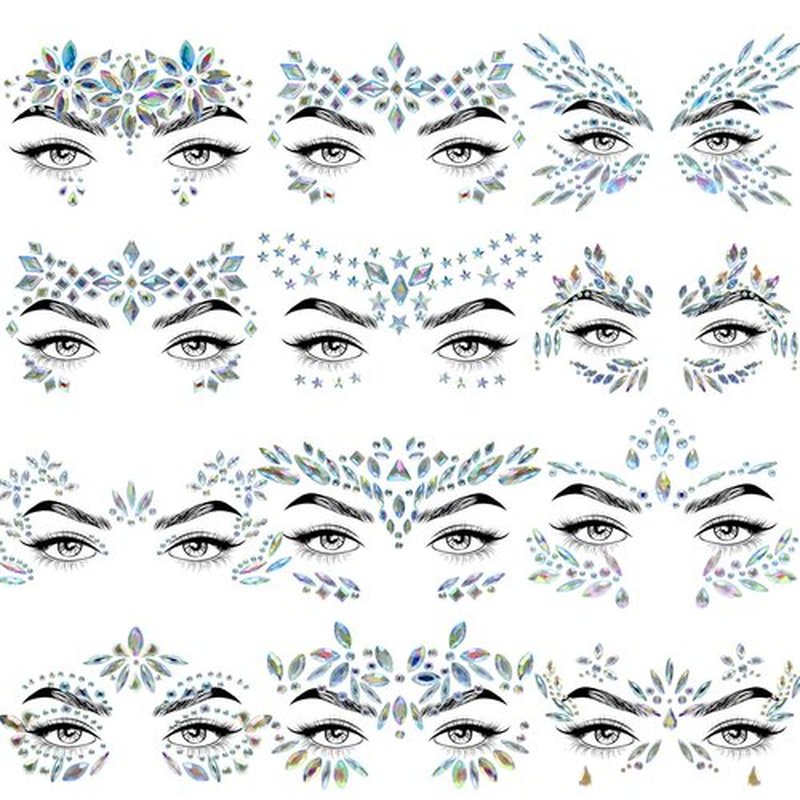 Allruyee 12 Sets Face Jewels Gems Mermaid Glitter Rhinestone Crystal Stickers Waterproof Eyes Temporary Tattoos for Party, Rave Festival, Carnival, Holiday Costumes, Accessories