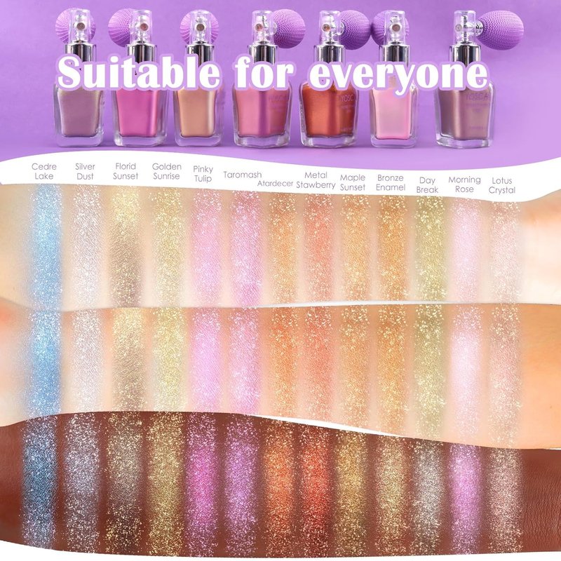 Yosca Highlighter Powder Spray, 20ML Cosmetic High Gloss Body Shimmer Powder Fairy Dust Highlighter Sparkle Face Makeup Setting Magic Diamond Glitter Spray Shimmer Face Body Skin Hair Clothes