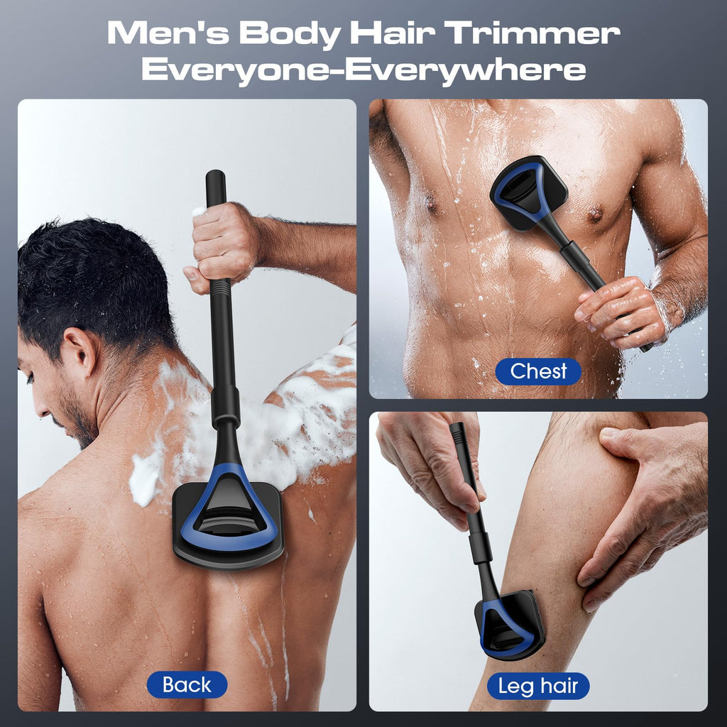 ZOMU Back Shavers for Men:Back Hair Shaver and Body Shavers for Men with Safety Blade Technology & Ergonomic DIY Long Handle, Wet or Dry Shaving,Blue (Replaceable 8PCS 3.5inch Blades Included)