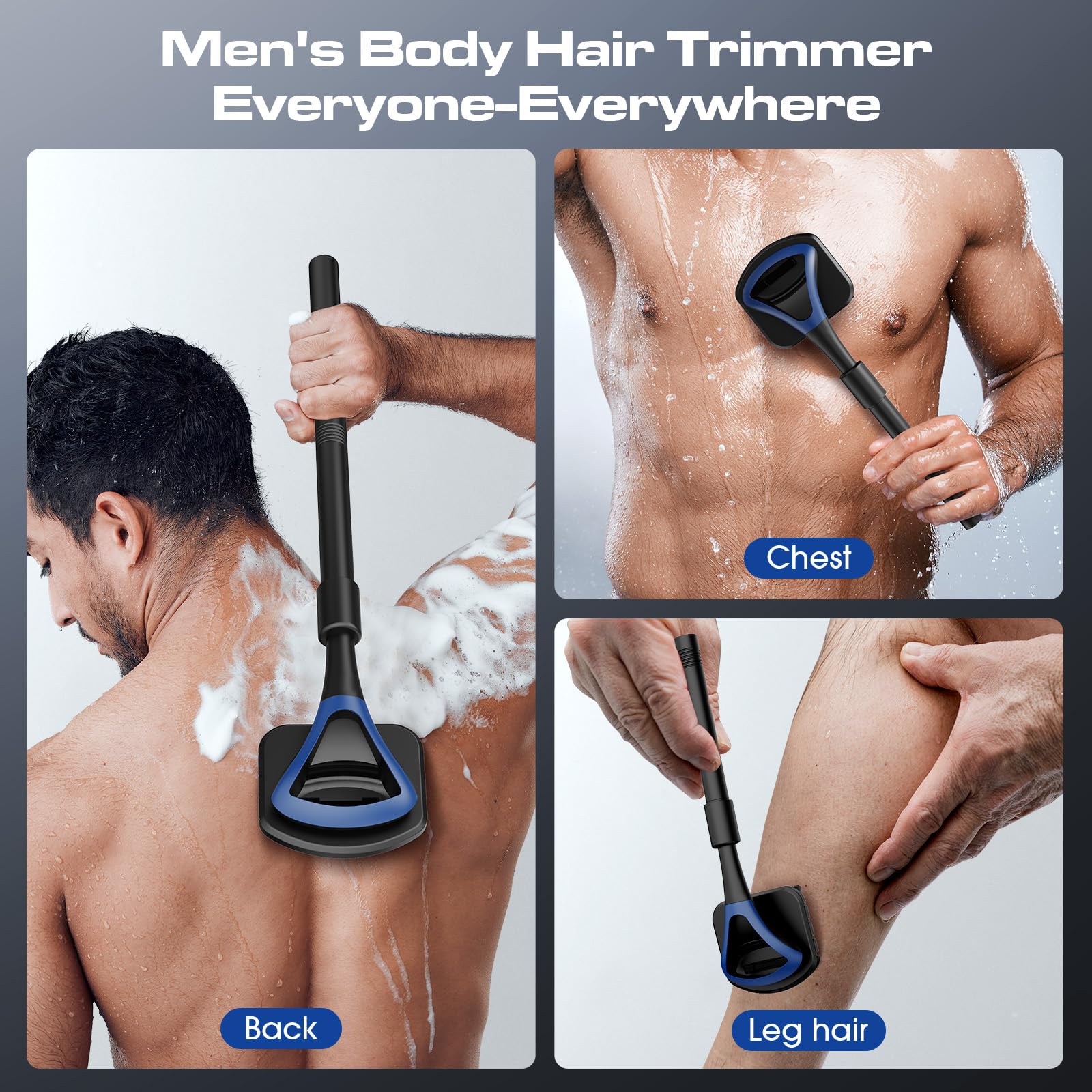 ZOMU Back Shavers for Men:Back Hair Shaver and Body Shavers for Men with Safety Blade Technology & Ergonomic DIY Long Handle, Wet or Dry Shaving,Blue (Replaceable 8PCS 3.5inch Blades Included)