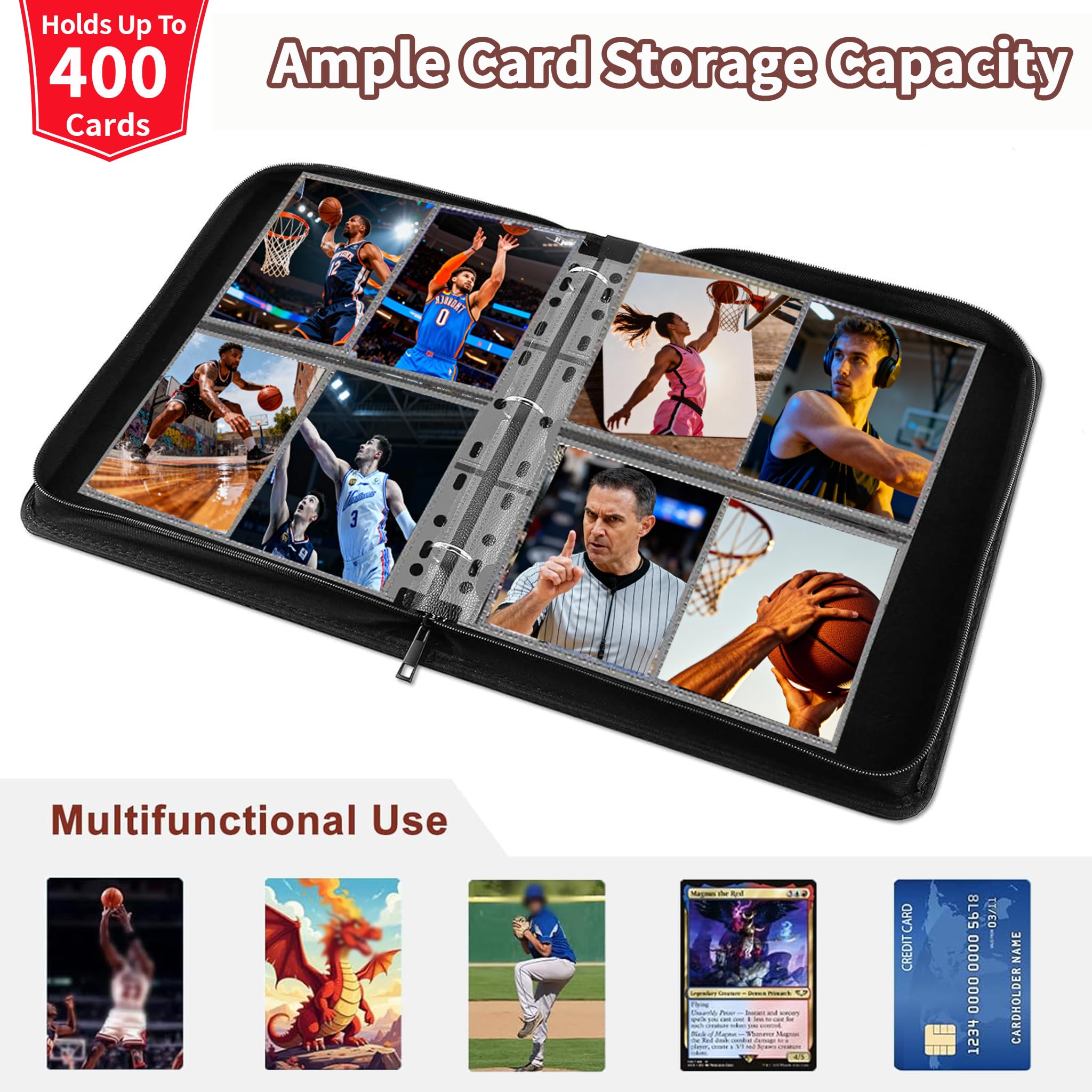 Basketball Card Binder,2025-26 Sports Trading Card with Sleeves Holder Album,400 Pockets Basketball Card Holder,2026 Portable Collection Card Ablum, Game Card Case book With Zipper