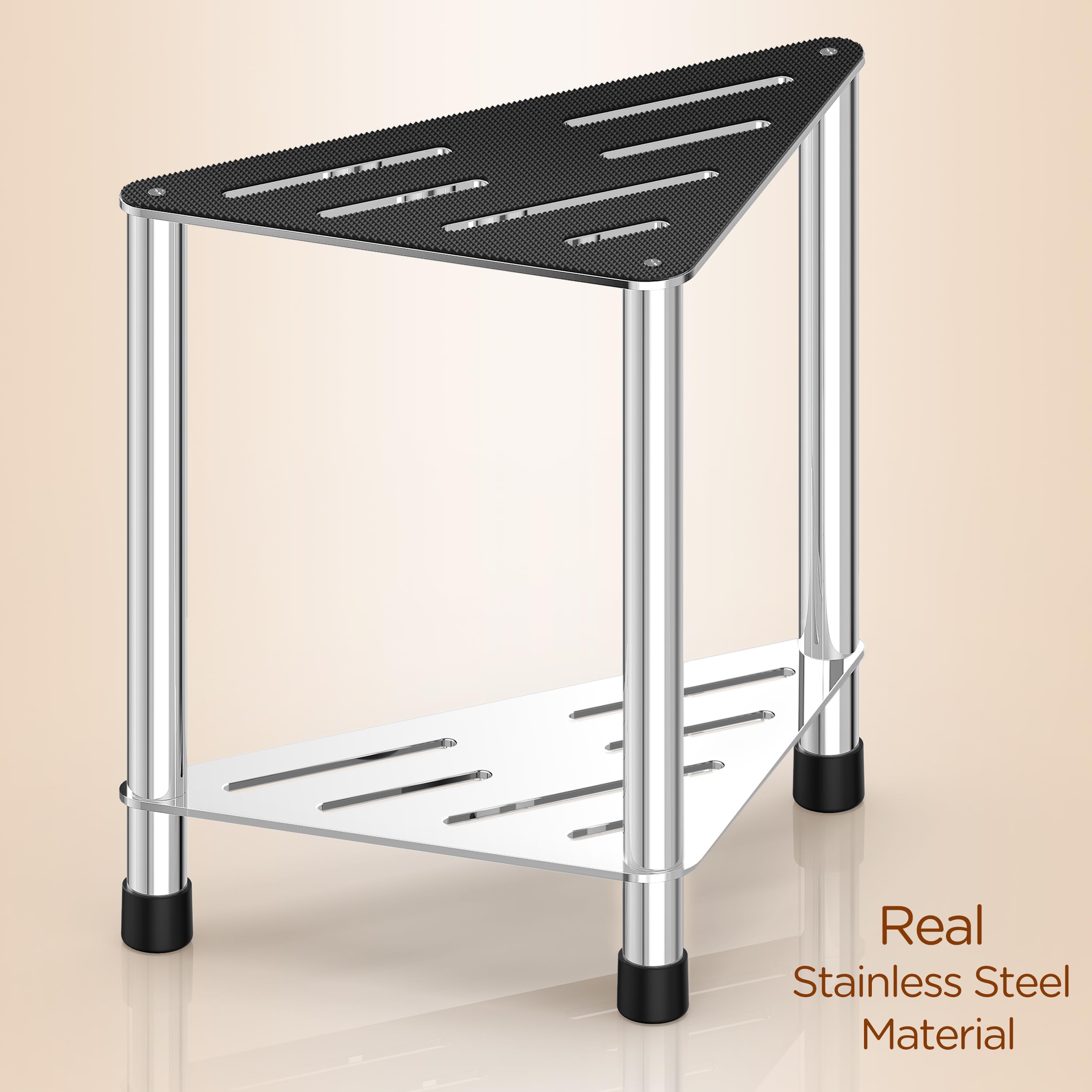 LarFaFa Upgrade Stainless Steel Shower Stool for Inside Shower, 15.4'' H Shower Foot Rest, Corner Shower Stool with Storage Shelf, Shower Step for Shaving Legs, Bathroom Corner Shower Bench, Silver