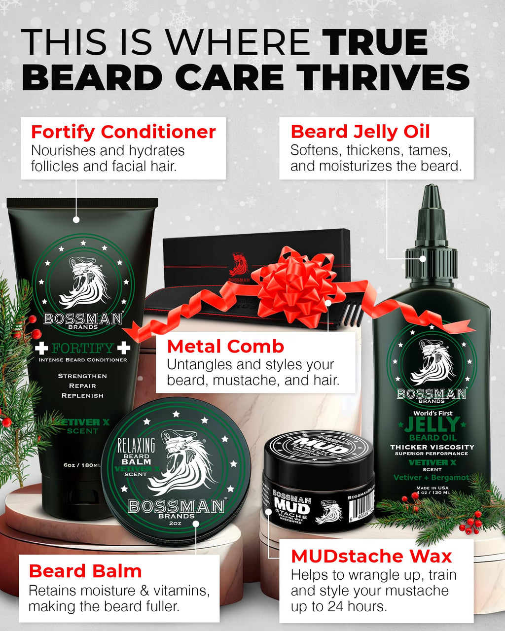 Bossman Complete Beard Kit for Men - Dad Gifts for Father's Day, Men's Beard Oil Jelly, Fortifying Shower Conditioner, Balm, Mustache Wax & Comb – Beard Softener & Grooming Care - (Royal Oud Scent)