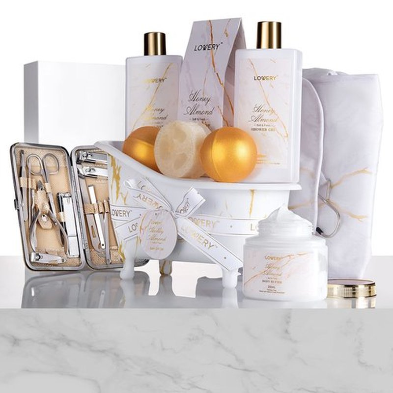 Gifts for Mom, Gift Basket, Spa Gifts For Women, 31Pc Self Care Kit, Stress Relief Gift, Birthday, Thank You, Honey Almond Bath and Body Gift - Toiletry Bag, Nail Kit, Bath Bombs & More