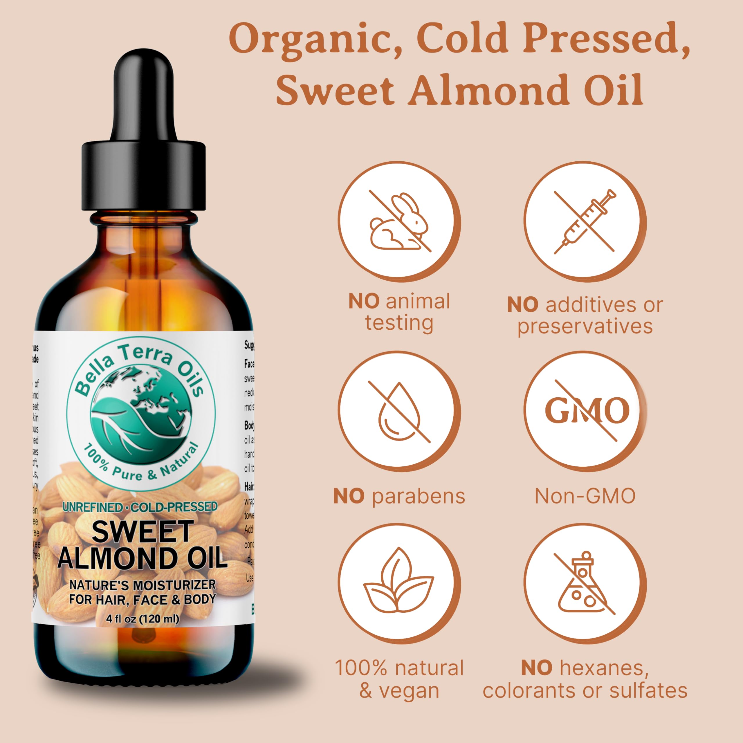 Natural Sweet Almond Oil – 1 Gallon, Deep Hydration, Nourishing, Light & Absorbent, Rich in Vitamins, Non-Greasy. Bella Terra Oils