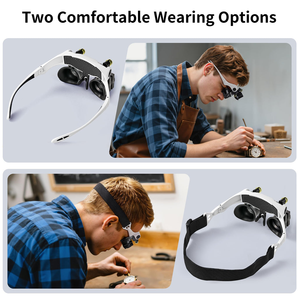 JARLINK Magnifying Glasses with LED Light, Hands Free Magnifier with 14 Interchangeable Lenses 3X 4X 5X 6X 7X 10X 15X, Magnifying Glasses for Close Work, Crafts, Jewelry, Electronics Repair (Black)