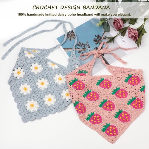 DRESHOW Floral Crochet Hair Bandana 2 PCS Tie Knotted Headscarf Vintage Headband Knitted Head Kerchief for Women & Girls